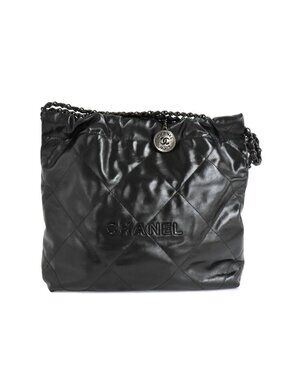 Chanel 22 Small Handbag So Black Shiny Calfskin Chain Shoulder CC Logo
